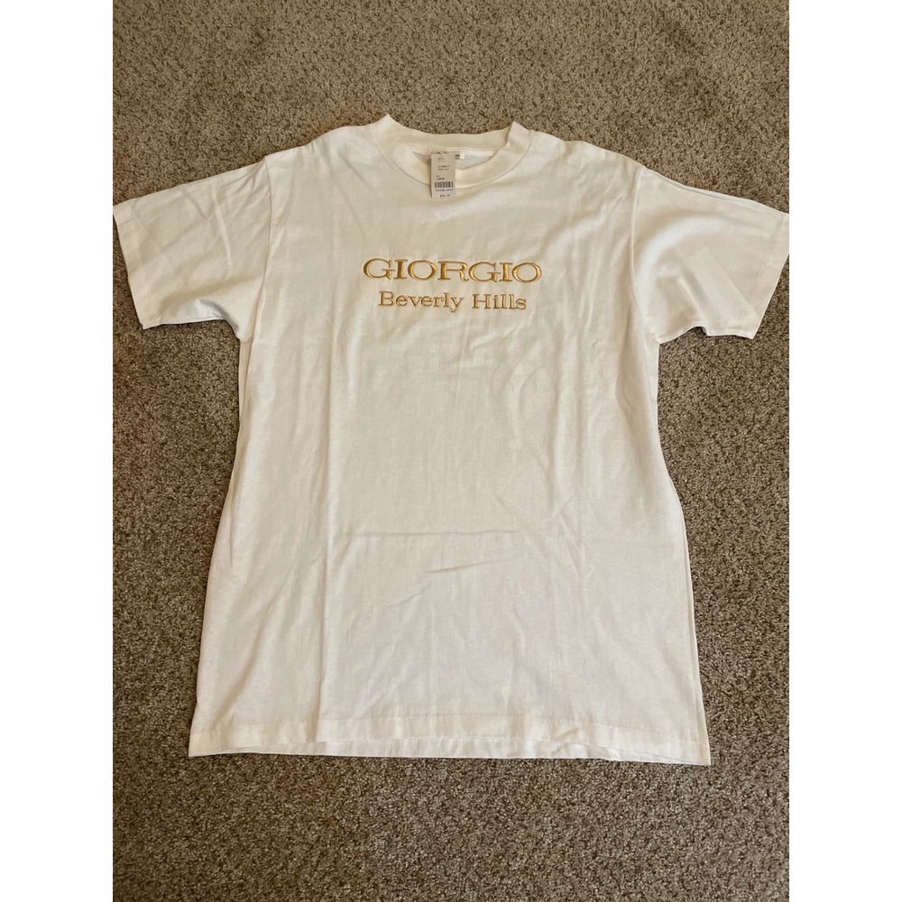 DSWT Giorgio Beverly Hills Men T-Shirt Large White Gold Embroidered Logo Vintage
